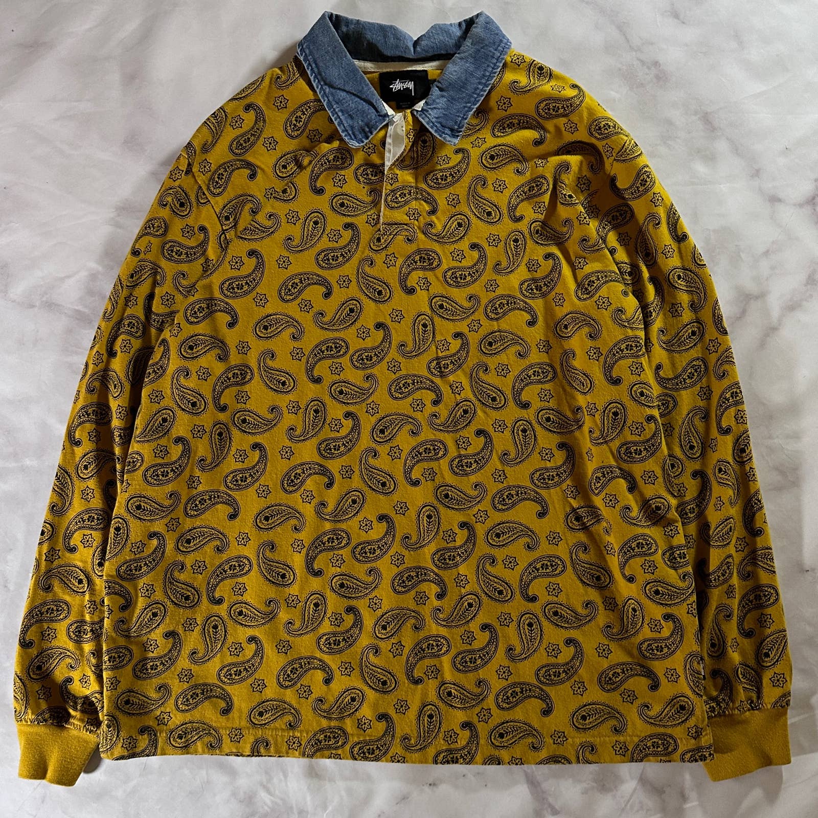 Stussy Yellow Paisley Denim Collar Rugby Shirt – no words clothing