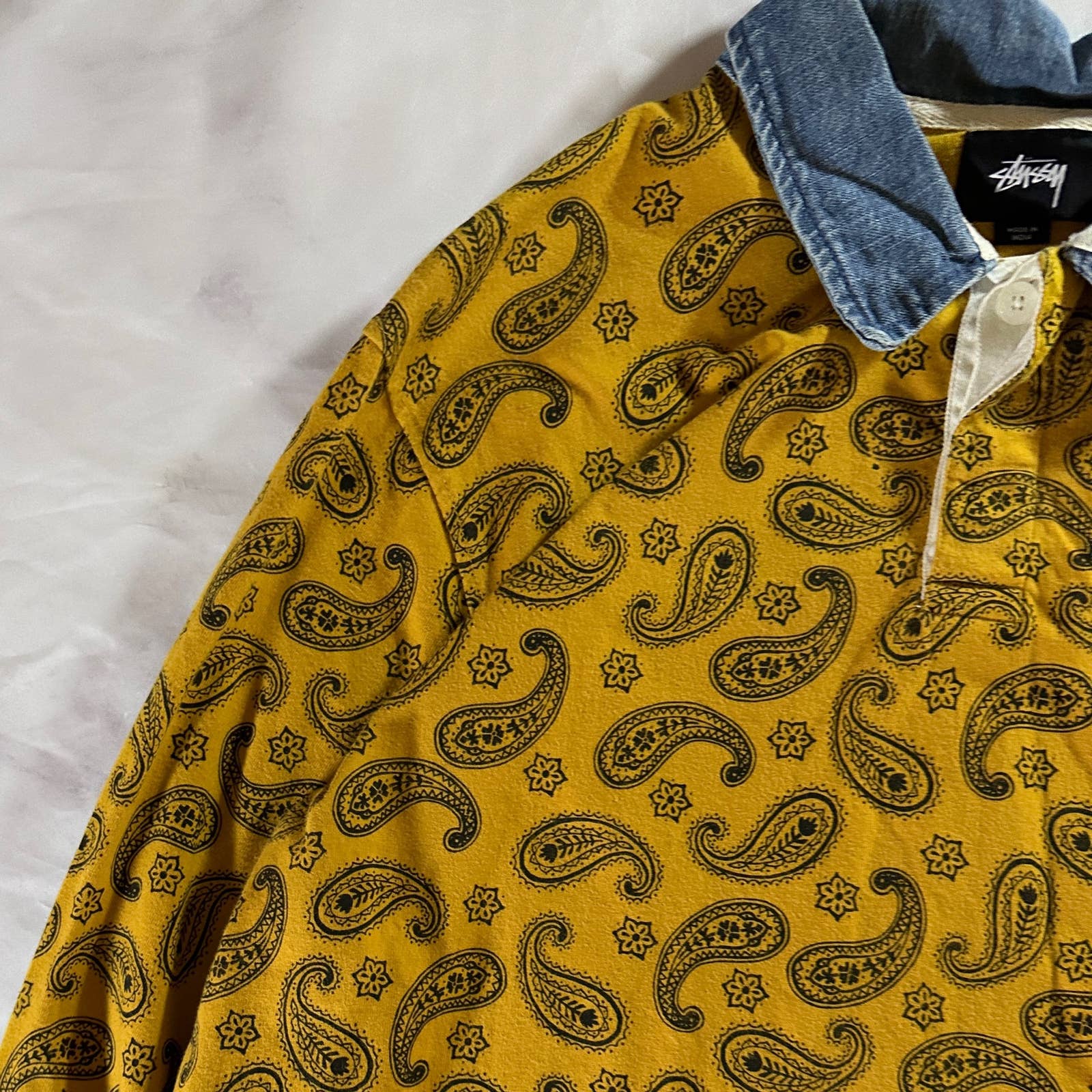 Stussy Yellow Paisley Denim Collar Rugby Shirt – no words clothing